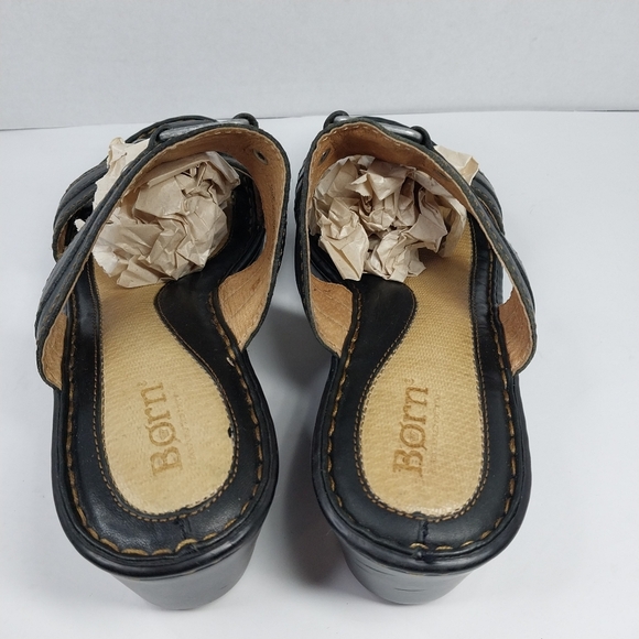 Born Sandals Women's Size 8 Black Leather Wedge Heel Boho Chic Slip on Shoes - Picture 4 of 13